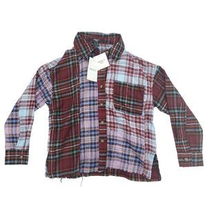 Forever 21 Button Shirt Kids Girls 5/6 Plaid Red Burgundy Frayed Hem Long Sleeve